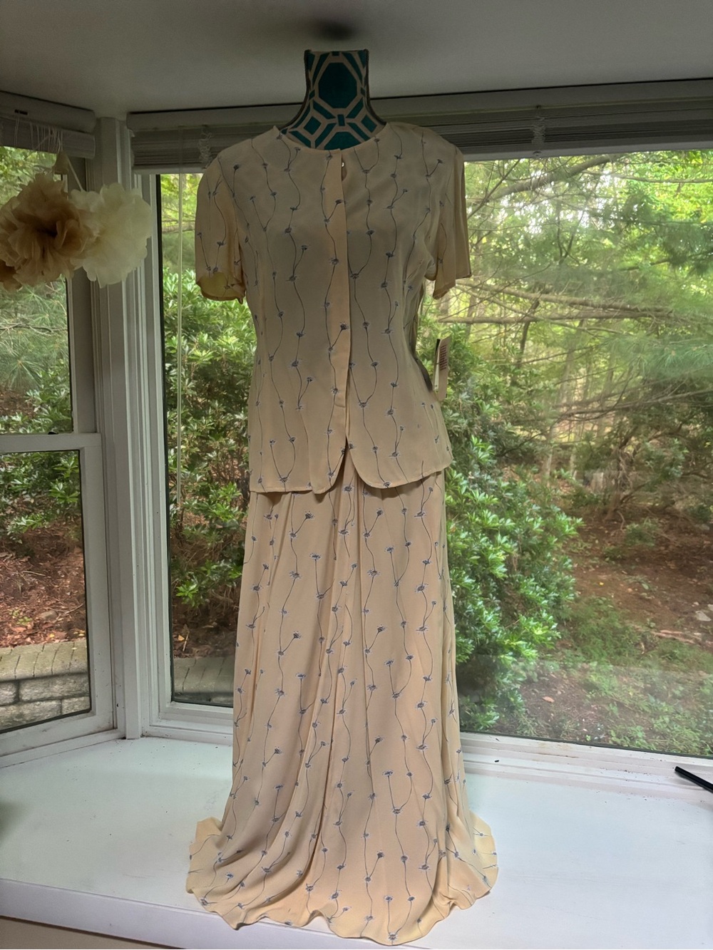 Liz Claiborne Cream Maxi Dress with Blue Floral Motif
